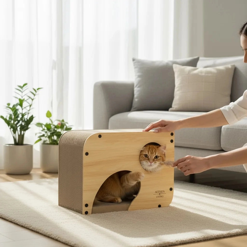 Gatto tiragraffi CARABELA nido con tunnel integrato 3 in 1 34 x 44 x 25 cm
