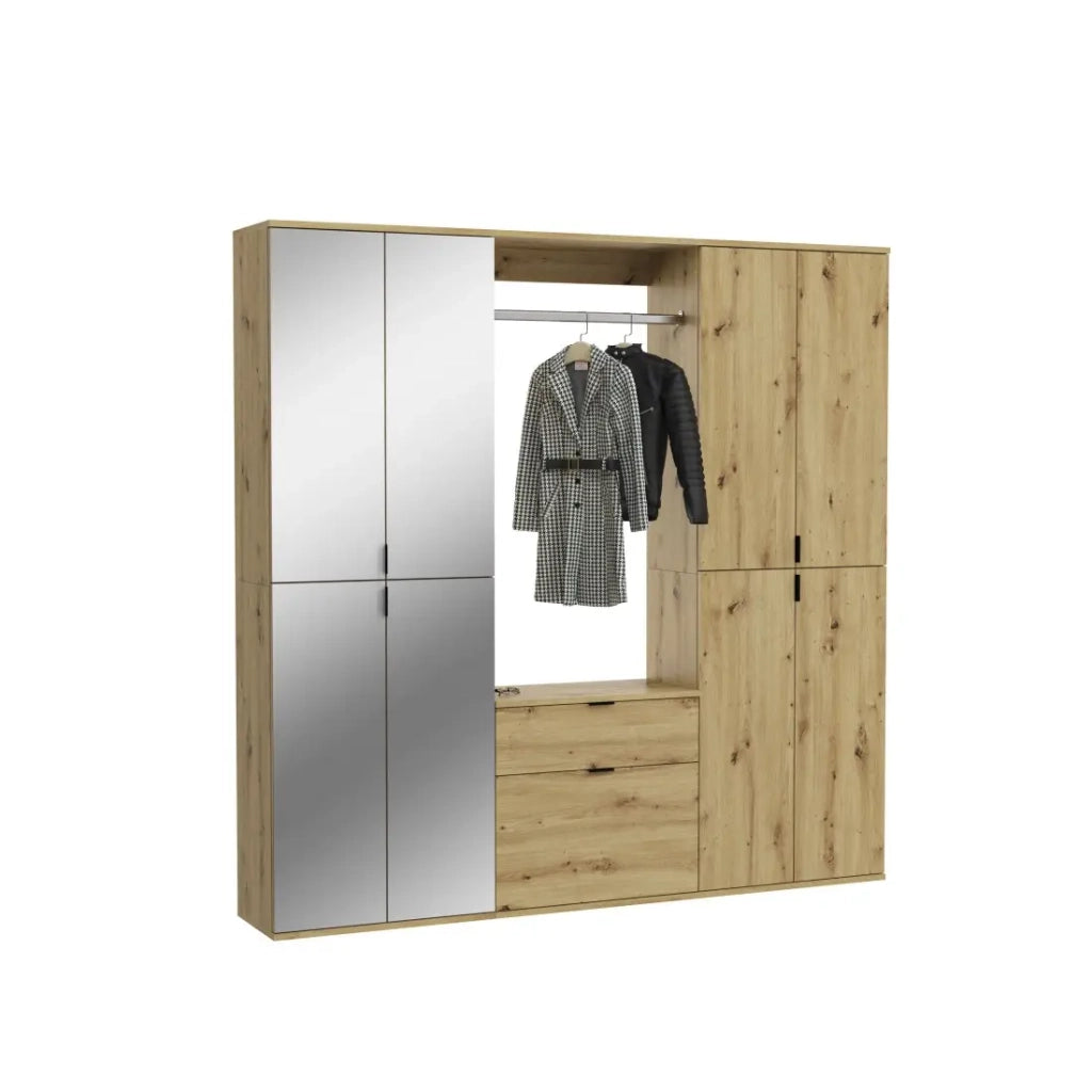 Armadio con 8 ante con specchi + guardaroba e cassetti - Rovere chiaro - BODITE