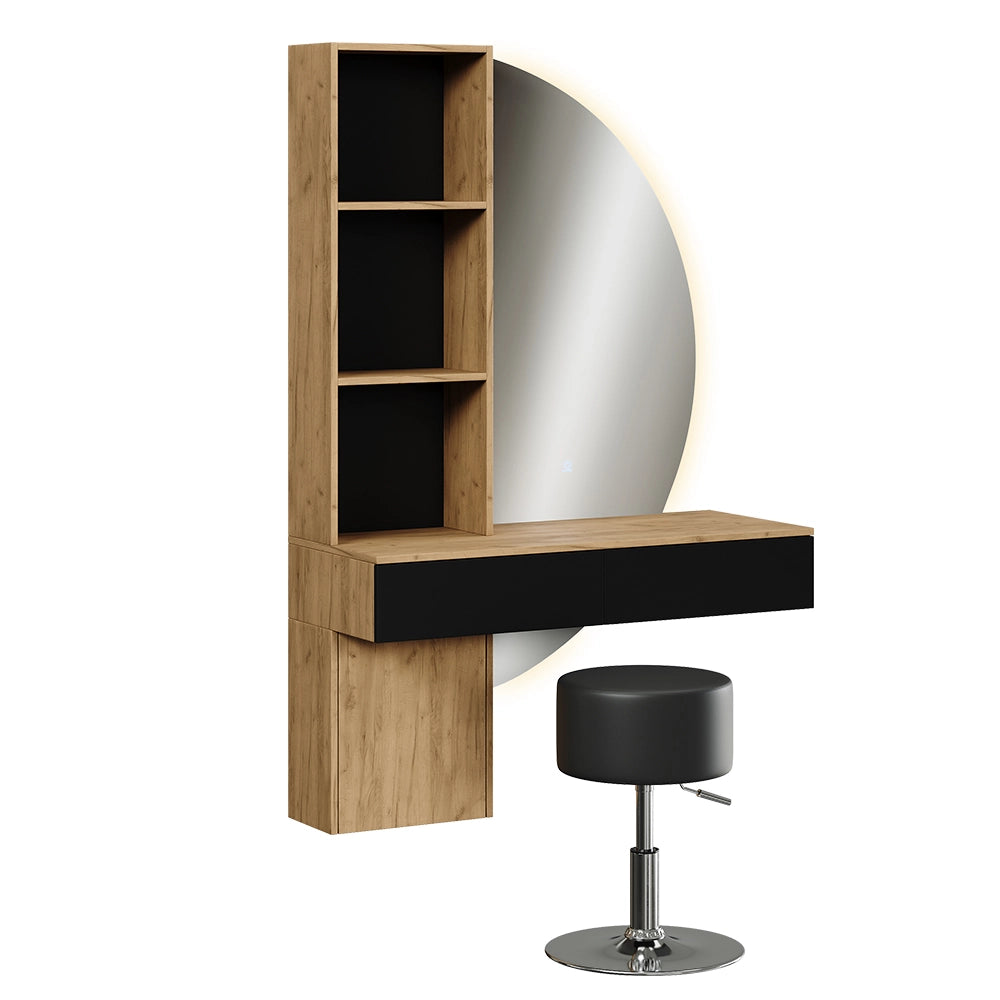Vicco Tavolo da toeletta Quercia/nero 100 cm con specchio LED e sgabello