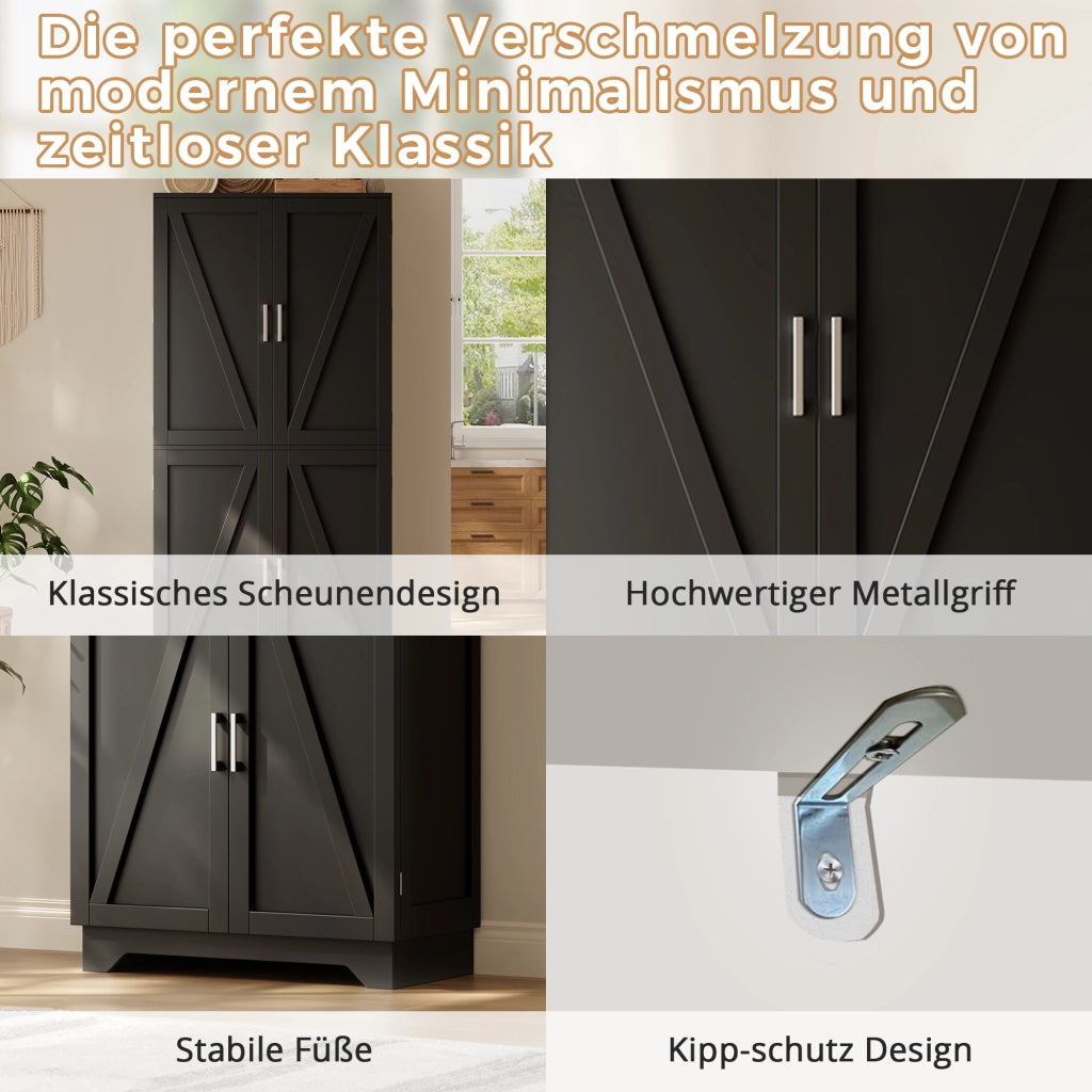 ARMADIO DISPENSA con 4 porte stile fienile 80 x 40 x 180 cm MDF nero/naturale