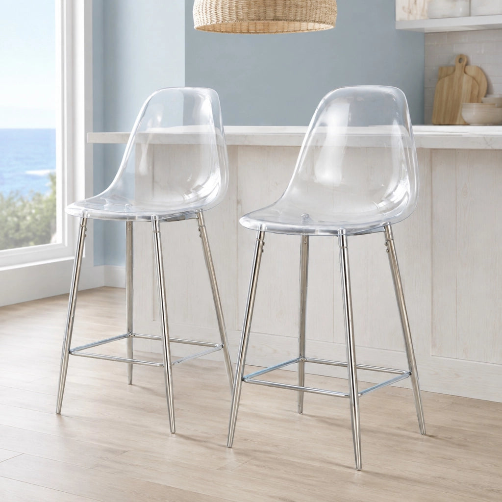Set di 2 sgabelli da bar trasparenti con struttura in metallo argento