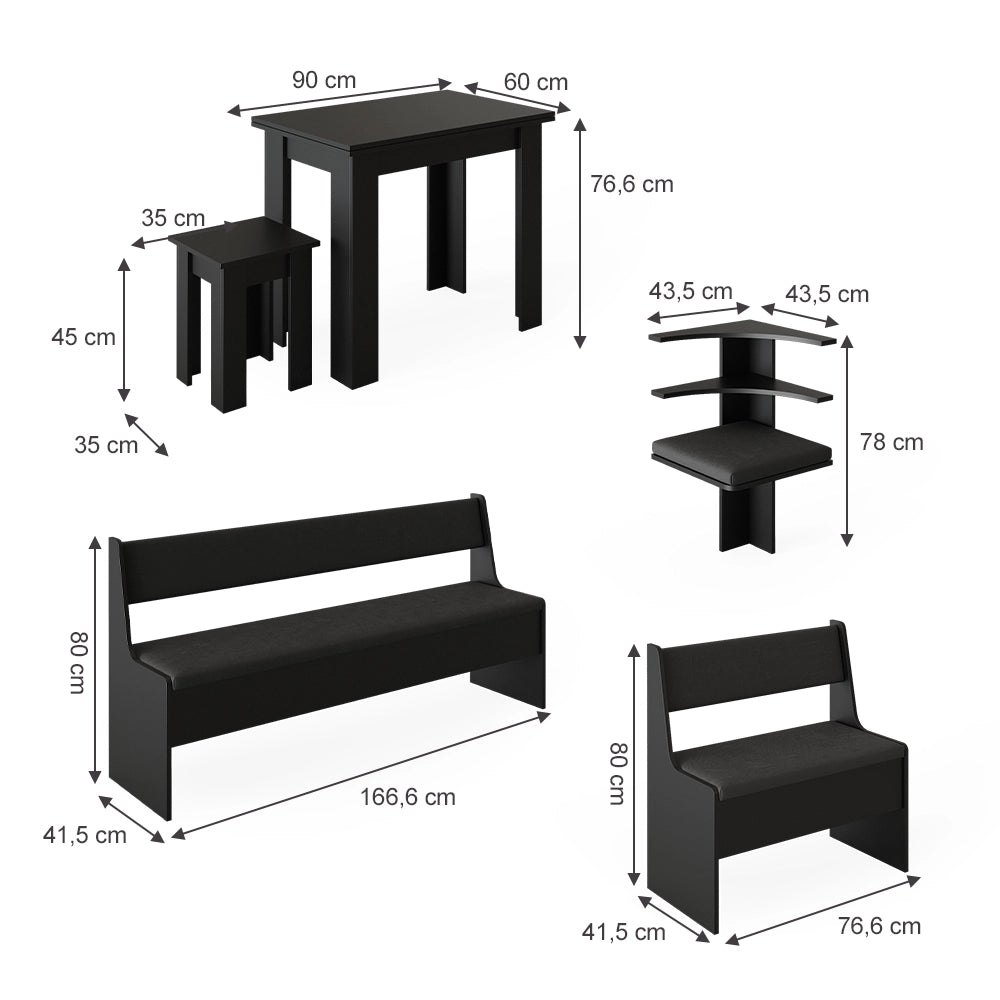 Vicco Gruppo panca ad angolo Nero 120 x 41.5 cm con tavolo