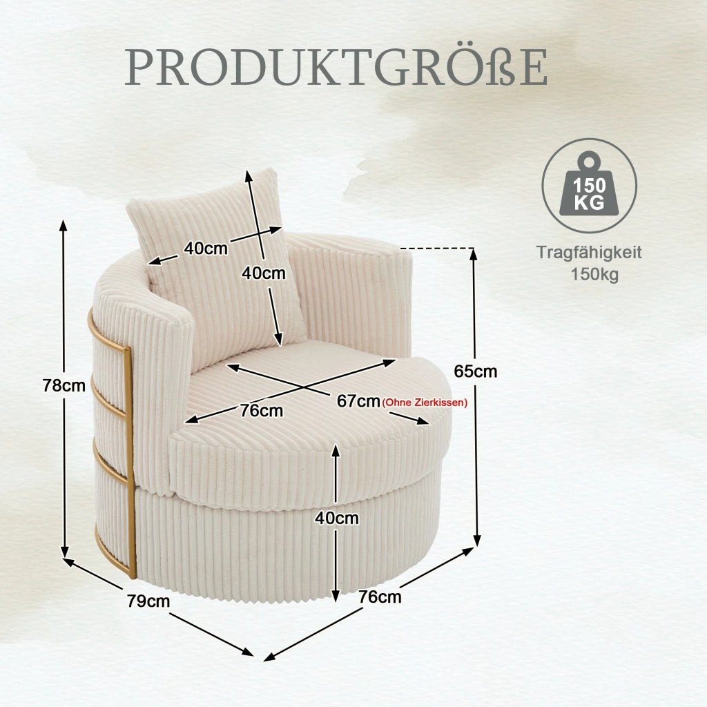 SEDIA Girevole 76x79x78 cm in Cord Beige con vano contenitore