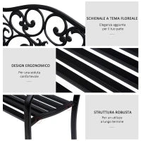 Panchina da Giardino 2 Posti con Schienale Decorato in Ghisa e Metallo, 127x60x89cm, Nero