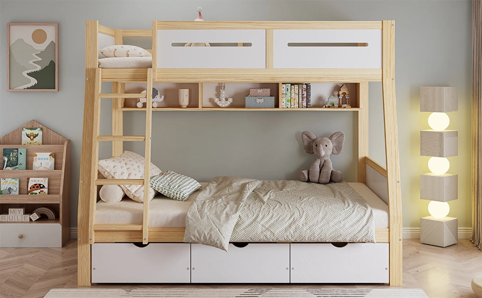 Letto a castello per bambini in pino e MDF; bianco e naturale; con 3 cassetti e libreria; 90x200 e 120x200 cm
