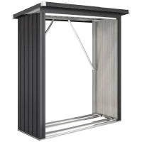 Capanno Portalegna in Acciaio da Esterno, Base Rialzata e Tetto Inclinato, 150x66.5x150 cm, Grigio Scuro