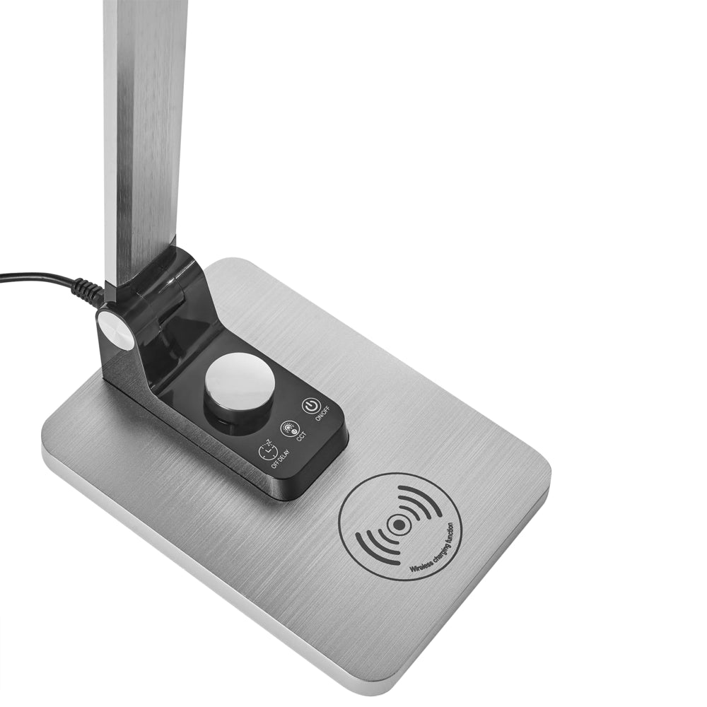 Lampada da scrivania moderna per ufficio domestico 3 modalità di temperatura Dimmer continuo Caricatore wireless Alluminio Materiale sintetico Argento