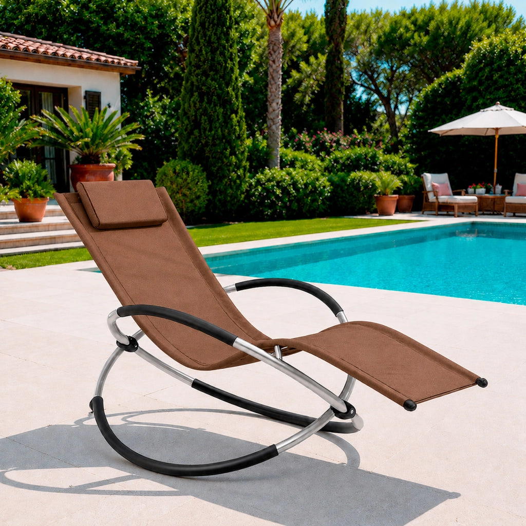 Poltrona Dondolo Reclinabile Da Giardino Con Poggiatesta Removibile In Textilene Traspirante Telaio Metallo Relax Outdoor 73 x 150 x 93 Cm Marrone