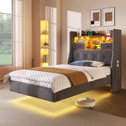 Letto imbottito ULEVR 90x200 cm con LED, 3 USB e Type-C, testiera con ripiani e tasche, lino grigio
