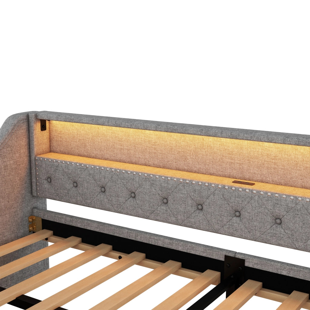 LETTO Giorno 90x200 cm in lino e MDF grigio con LED, USB e 2 cassetti