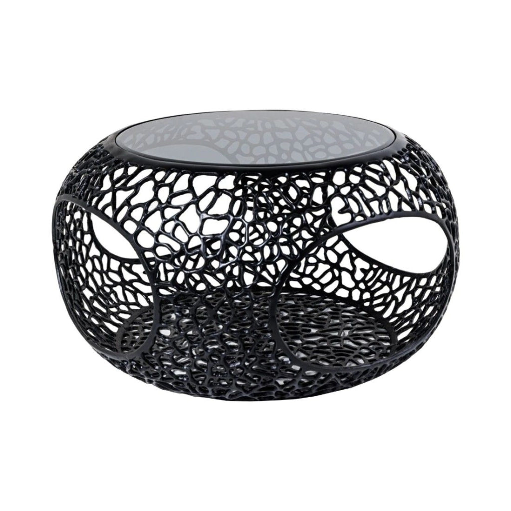 Tavolino METRIX rotondo 74 cm nero con piano in vetro temperato – Tavolino design con nicchie aperte