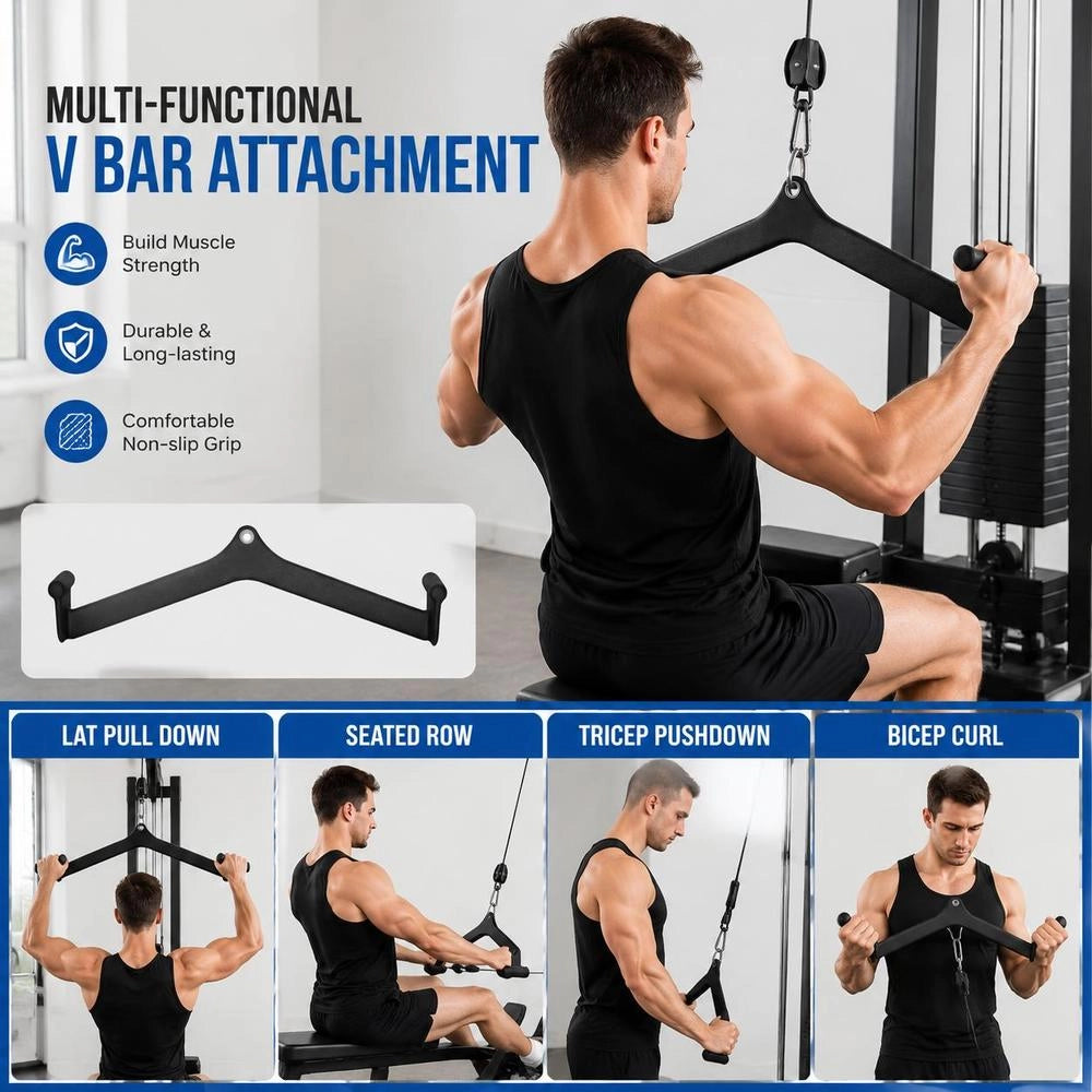 Lat Pulldown Attachment, Rowing V-bar Attachment, 550 Kg Load Capacity For Cable Machines, Triceps Pull-up Bar, Rubber-coated Grip For Back Strength Training, Biceps Curl Triceps Lat Pulldown Bar