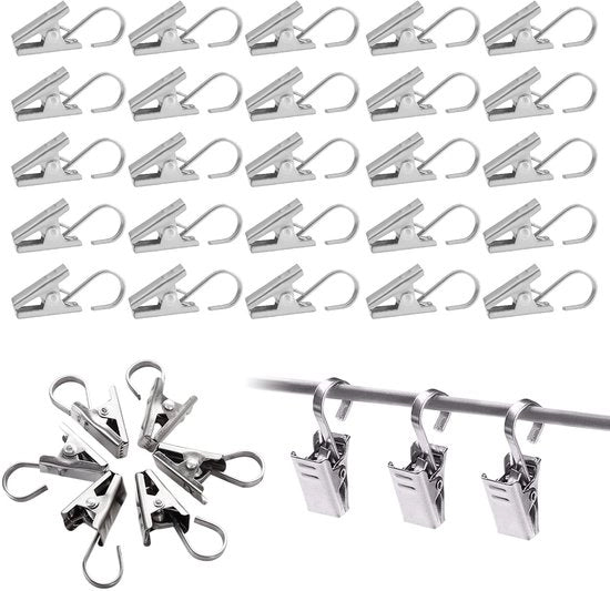 Clip per tenda 100 pezzi - Clip per tenda in acciaio inossidabile - Haken per tenda metallici - Rulli per tenda robusti - Capacità di sollevamento duratura e forte - Adatto per tende e tende doccia - Codice prodotto: 100 pezzi