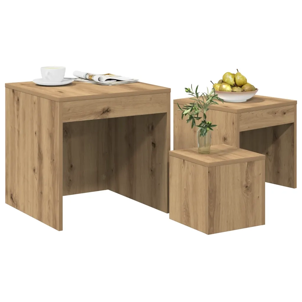 Tavolini Impilabili 3 pz Rovere Artigianale Legno Multistrato