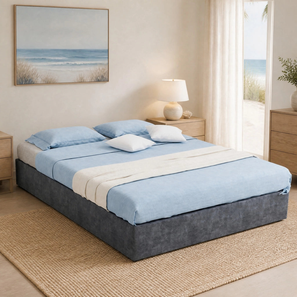 Lit bambino 140 × 200 cm con contenitore pneumatico e testiera cartoon, senza materasso, in tessuto grigio