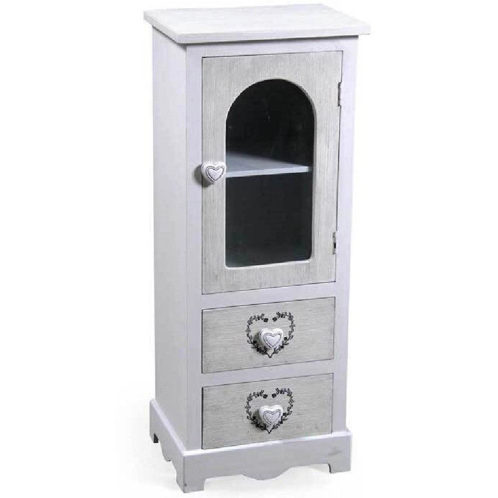 Trade Shop - Mobile Con Vetrina Cuore Anta 2 Cassetti In Legno Shabby Chic 80x32x26cm 662218 -
