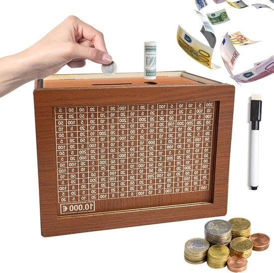 Cassa di Risparmio per Adulti - Cassa in Legno Retro con Numeri - Cassa di Vacanza - 10.000 Euro - Biglietti - Da Compilare - 20 x 145 cm