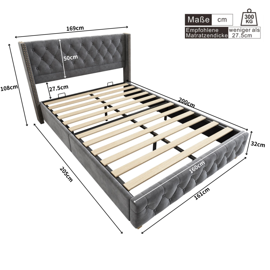 Letto imbottito 160x200 cm con testiera e rete a doghe; velluto grigio