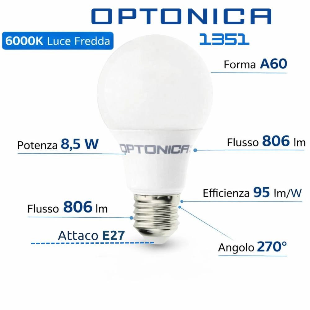 Lampadina led e27 a60 8,5 w alta efficienza 806 lumen *** temperatura colore lampada 6000k bianco freddo, confezione 1
