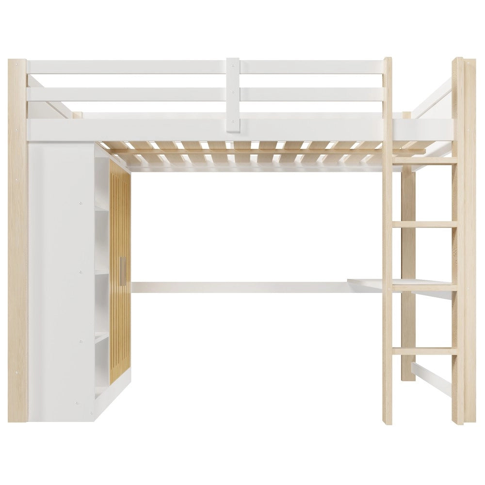 Letto a Soppalco con LED, Armadio e Scrivania ¨C MINIMAL ¨C 140x200 cm, Bianco e Naturale