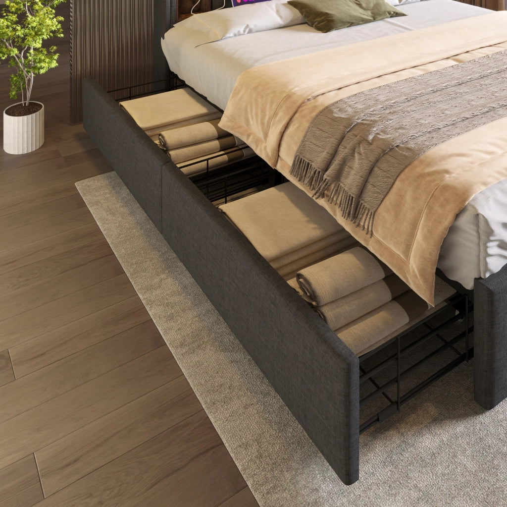 Letto matrimoniale 160x200 cm in lino grigio con ricarica wireless; USB e 4 cassetti