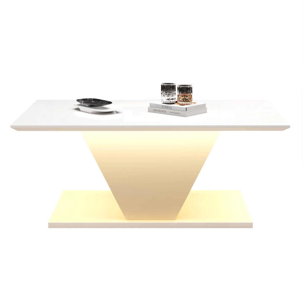 Tavolino da caffè bianco con LED USB, design a V, 100x50x46 cm