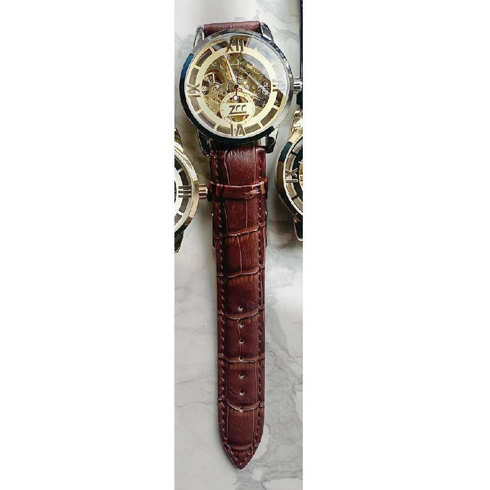 Trade Shop - Orologio Polso Zcc Romani Uomo Silver Automatico Cinturino Pelle Marrone Dorato -
