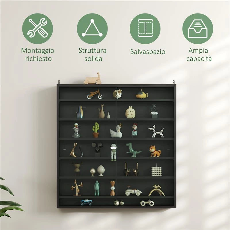 BACHECA PORTAOGGETTI A 6 RIPIANI REGOLABILI IN LEGNO CON ANTE IN VETRO, 80X9.5X83 CM, NERO