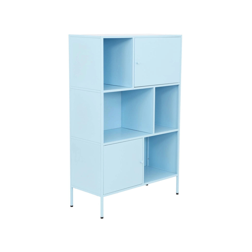 Credenza industriale in metallo con 6 scomparti, blu chiaro