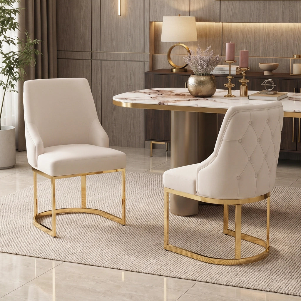 Set di 2 sedie da pranzo in velluto beige con gambe dorate galvanizzate, stile moderno