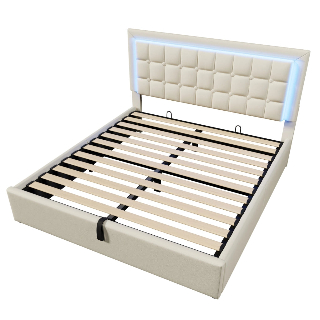 Letto matrimoniale 160x200 cm con contenitore; LED e rivestimento in PU bianco