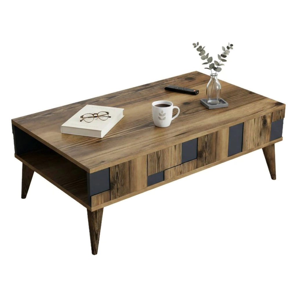 Tavolino da salotto Yang, Tavolo basso da caffè, Portariviste per divano, Ripiano da soggiorno, 105x60h38 cm, Noce e Antracite