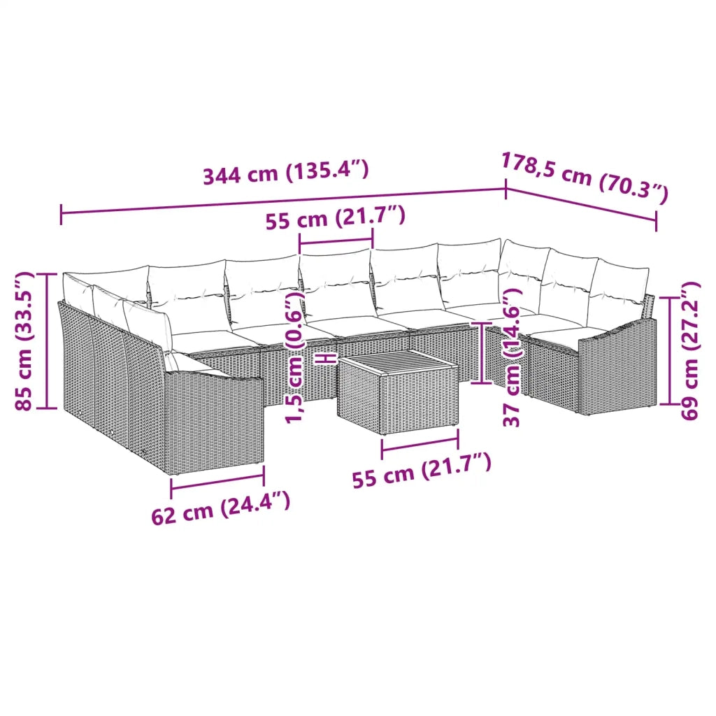 Set Divano da Giardino con cuscino 11 pcs Nero polyrattan