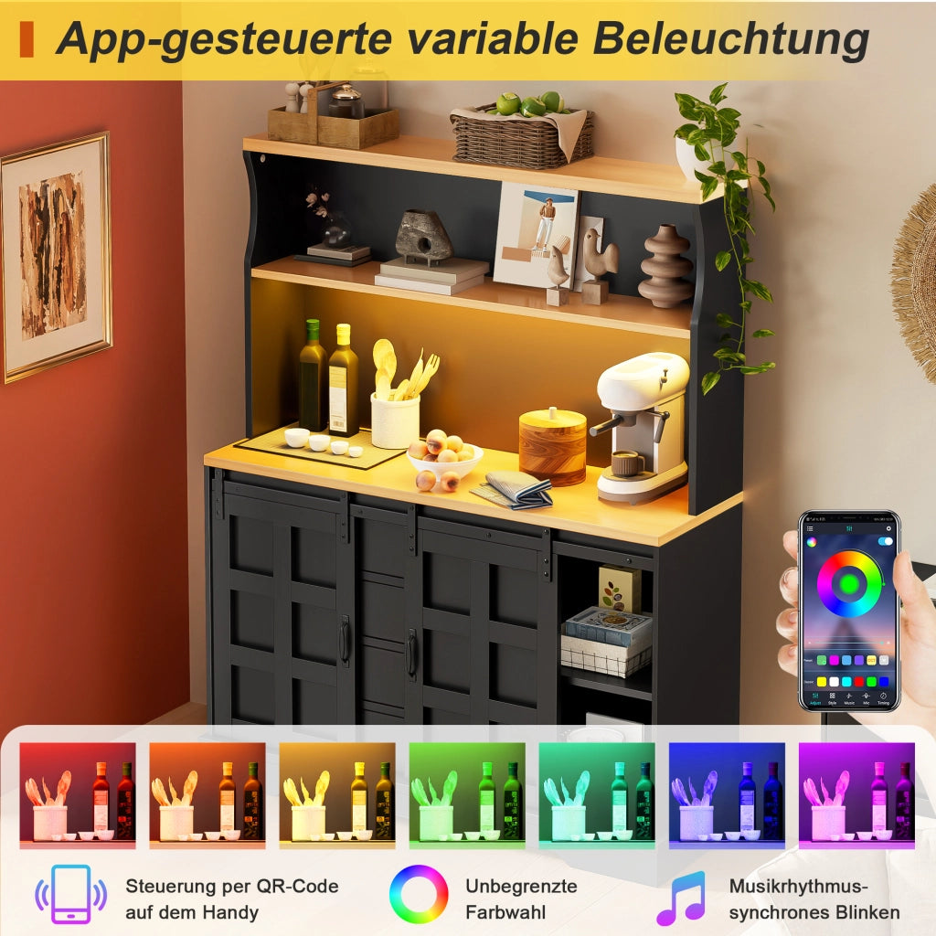 Credenza e madia con 2 ante scorrevoli, 4 cassetti e LED RGB, per cucina e sala da pranzo, nero, 120 × 40 × 150 cm