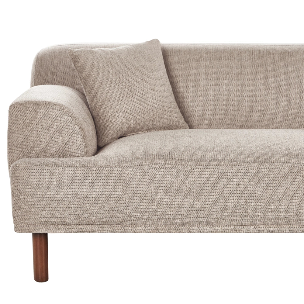 Divano ad angolo sinistro in tessuto tortora lato sinistro con pouf stile minimalista