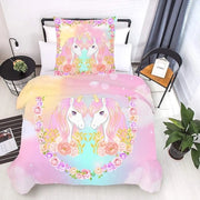 Set di lenzuola per letto, 135 x 200 cm, microfibra, set di lenzuola per bambini con unicorni, senza stirare e senza pieghe, 2 pezzi, morbidi, respiranti, 3D unicorni, lenzuola per bambini, 135 x 200 + 80 x 80 cm cuscini.