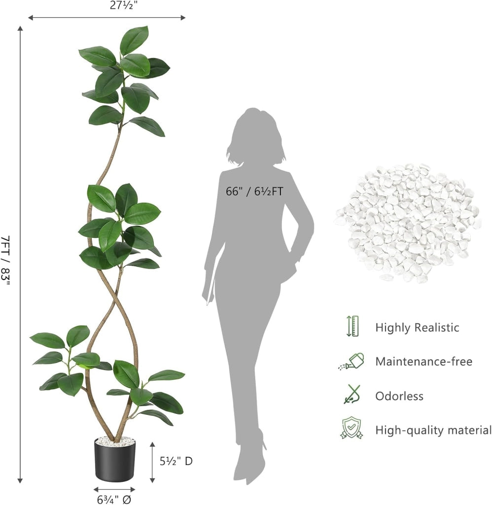 Ficus Elastica Artificiale 210 cm a Doppio Tronco con Vaso Effetto Pietra e Ciottoli