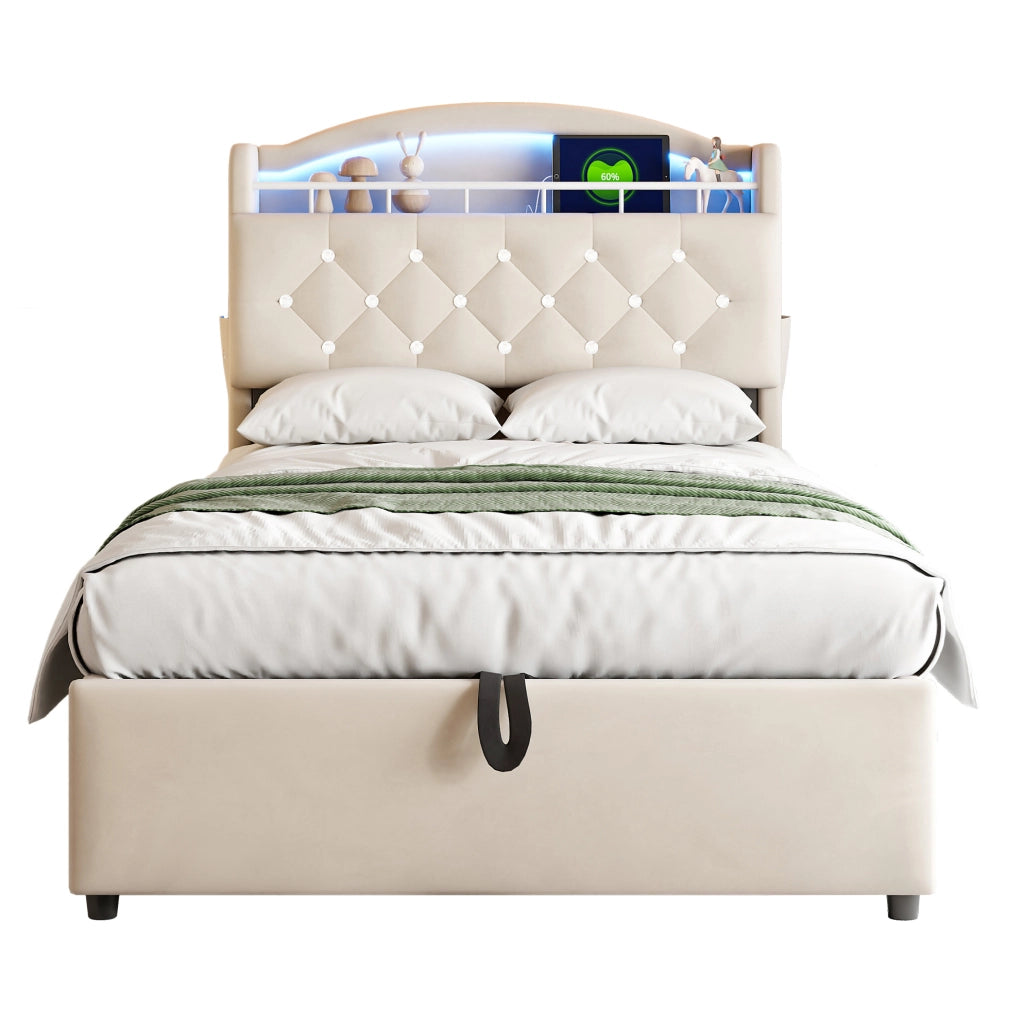 Letto imbottito per bambini 90x200 cm in velluto beige con LED; USB e vano contenitore