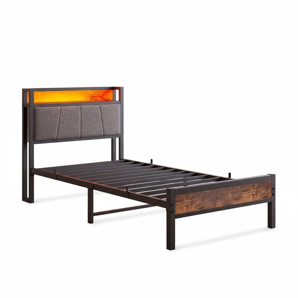 Struttura letto-Xylo-90x200cm,Nero,Con illuminazione LED e porte di ricarica USB-