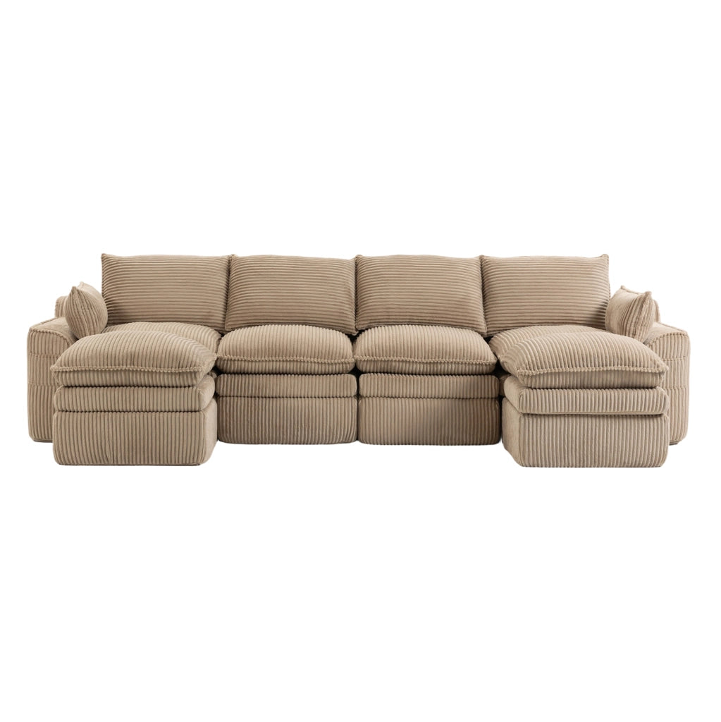 Divano modulare 4 posti in corduroy khaki con tasche laterali e cuscini; 335 x 167 x 85 cm