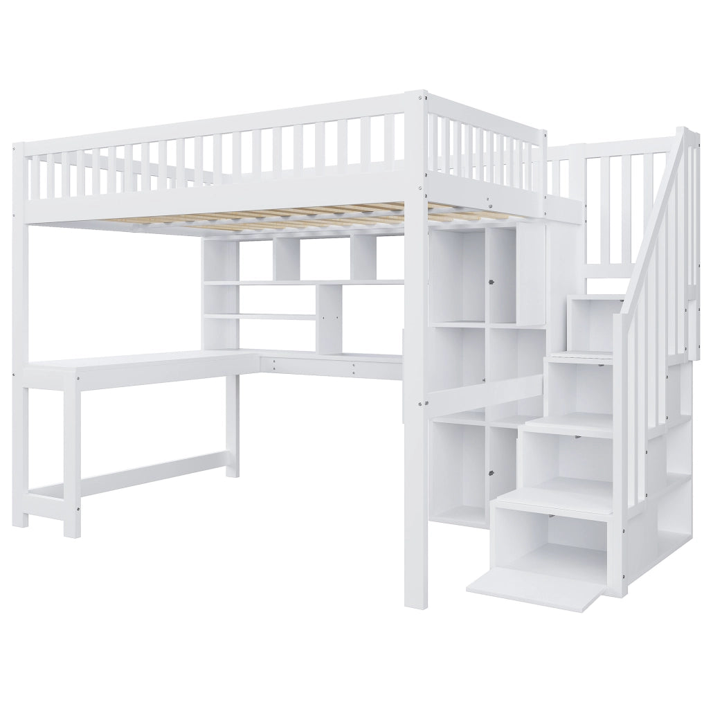 Letto a soppalco 140x200 cm con LED; scala contenitore; ripiani e scrivania; bianco