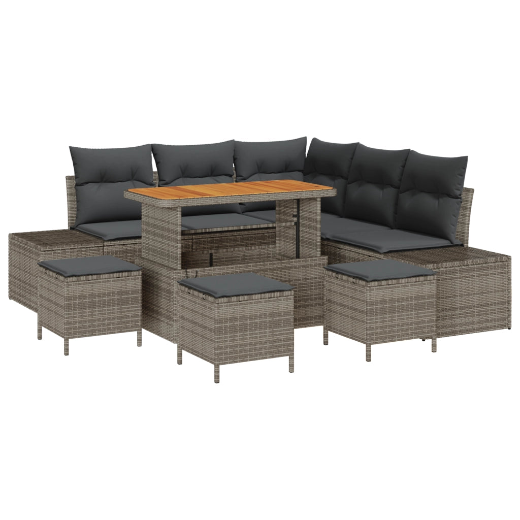 Set di Divani da Giardino 9 Pezzi con Cuscini Grigio Polirattan Acacia