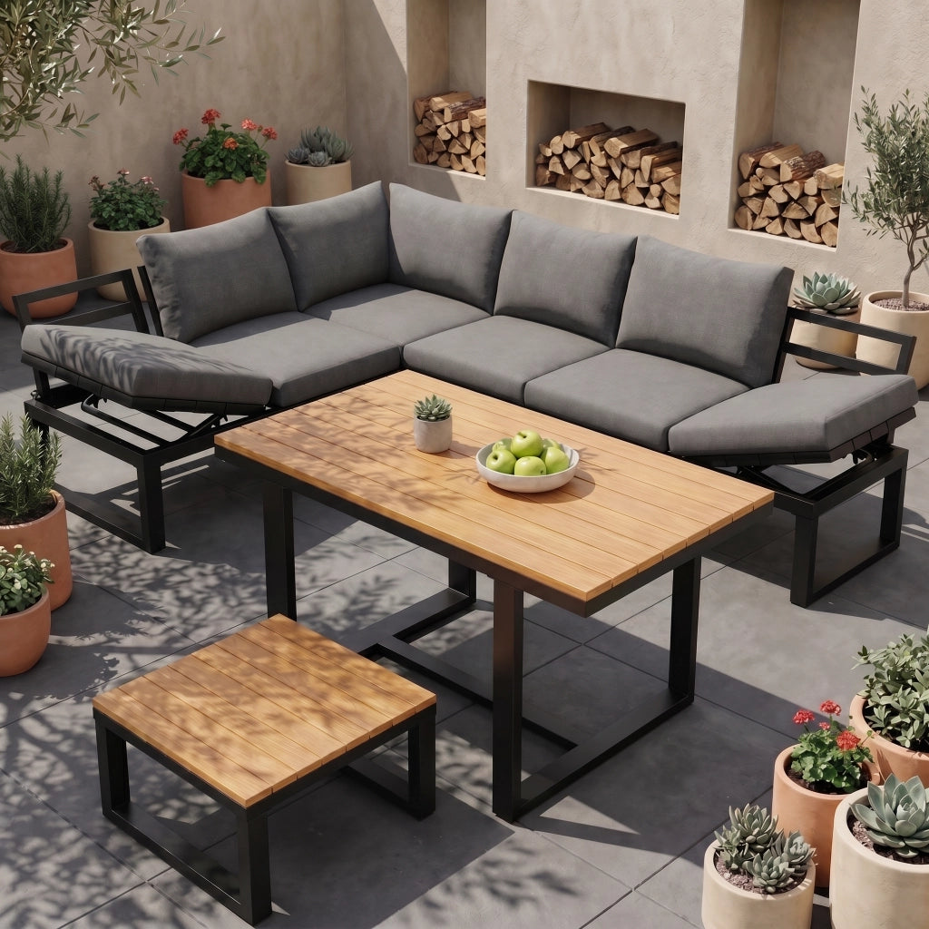 Set Giardino 6 Pezzi con Tavolo e Tavolino ¨C MINIMAL ¨C Polyrattan Grigio, Acciaio
