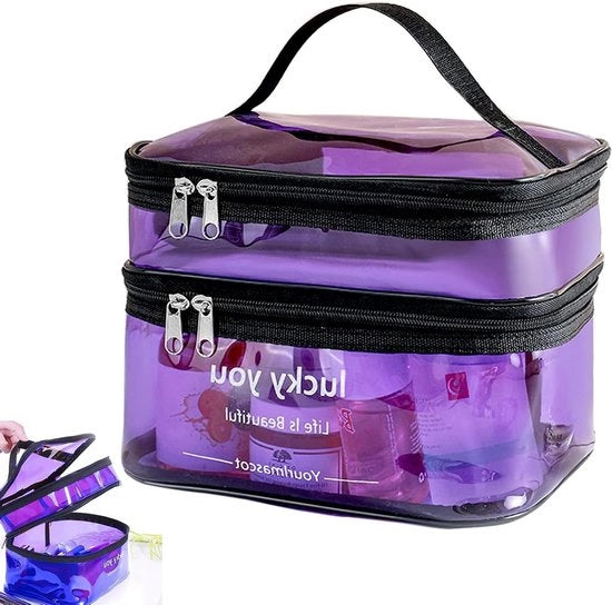 Toilette trasparente con chiusura a cerniera per donne e uomini - PVC impermeabile - Maniglia - Tasca per il trucco - Blu viola - Lilla - Stile moderno