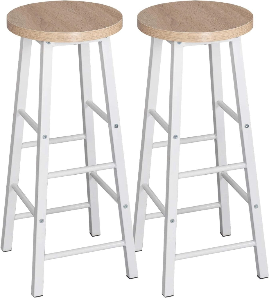 Tavolo Alto con 2 Sgabelli, Set Pranzo per Cucina, Sala da Pranzo, Isola da Cucina, Sgabelli Rotondi, Struttura in Metallo, Design Industriale, Rovere Chiaro