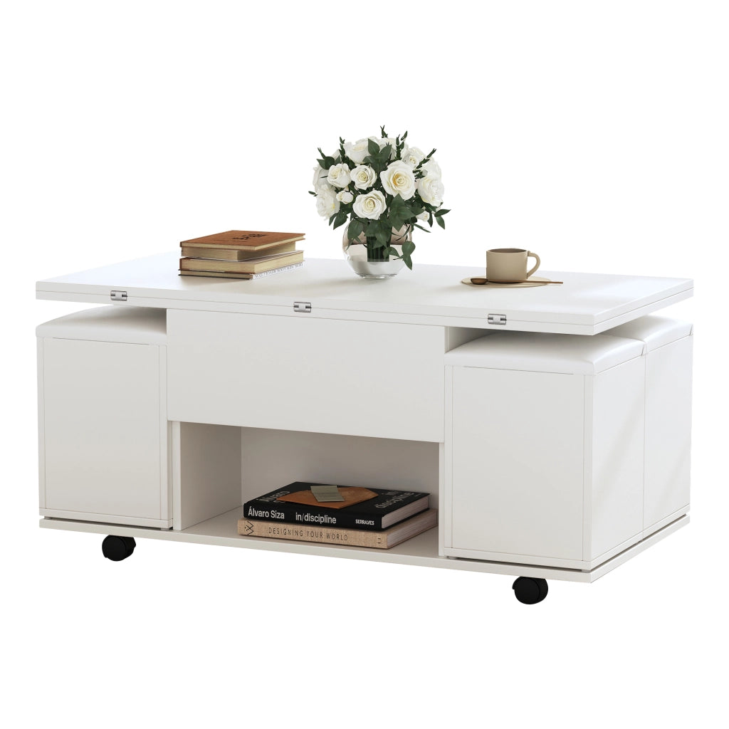 Tavolino da salotto 100x100x63.5 cm; piano regolabile con 4 sgabelli; truciolare bianco