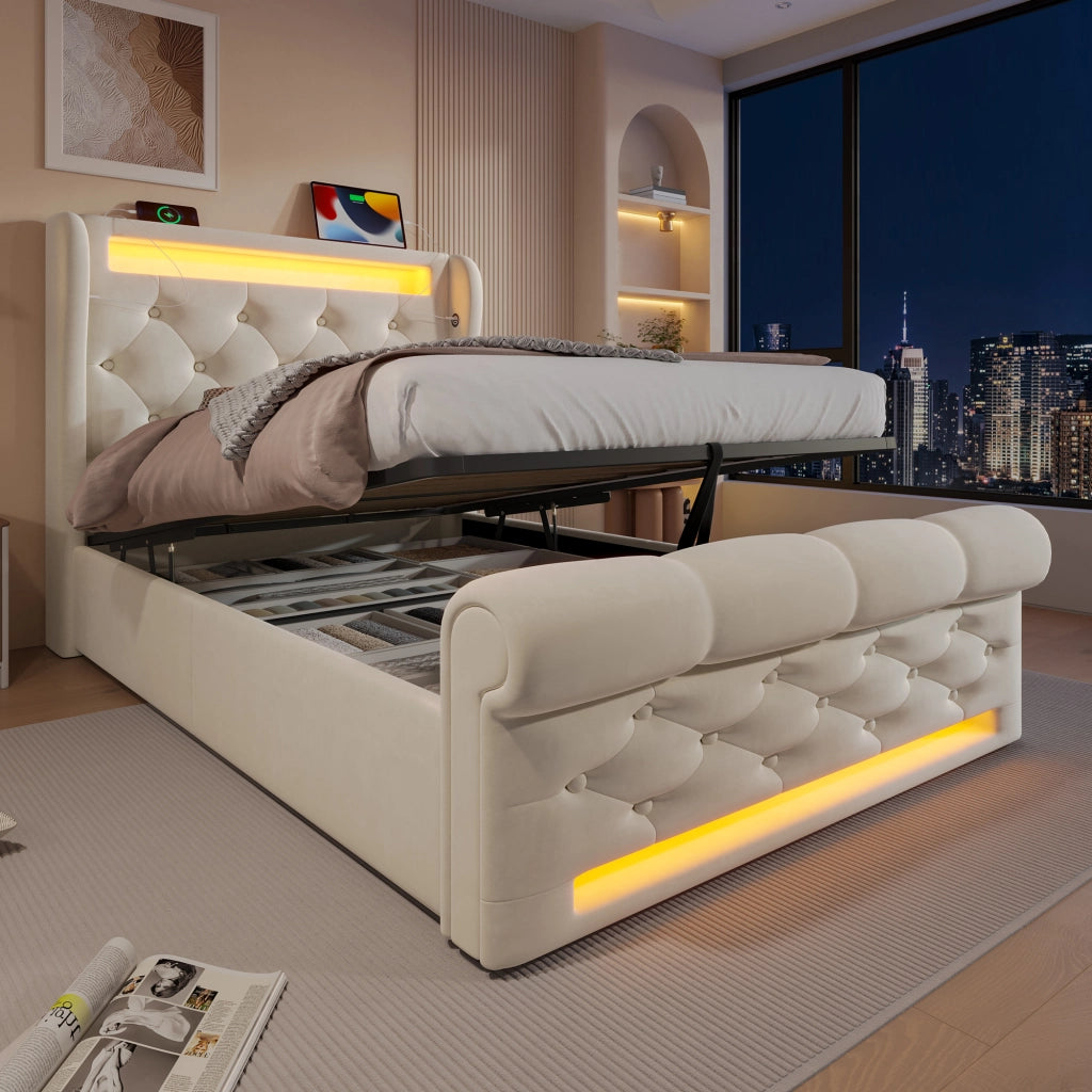 LETTO contenitore 90x200 cm in velluto beige con LED, USB e Type-C con materasso