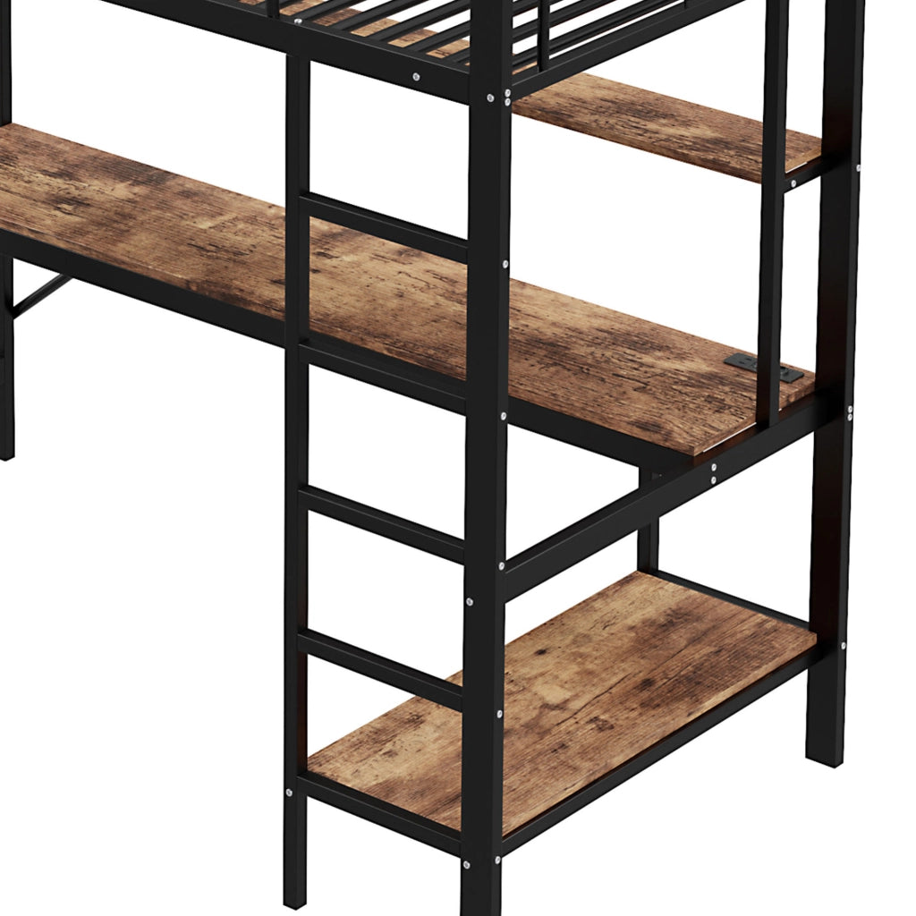 Letto a soppalco 90x200 cm con scrivania; mensole; USB e presa; metallo e MDF nero