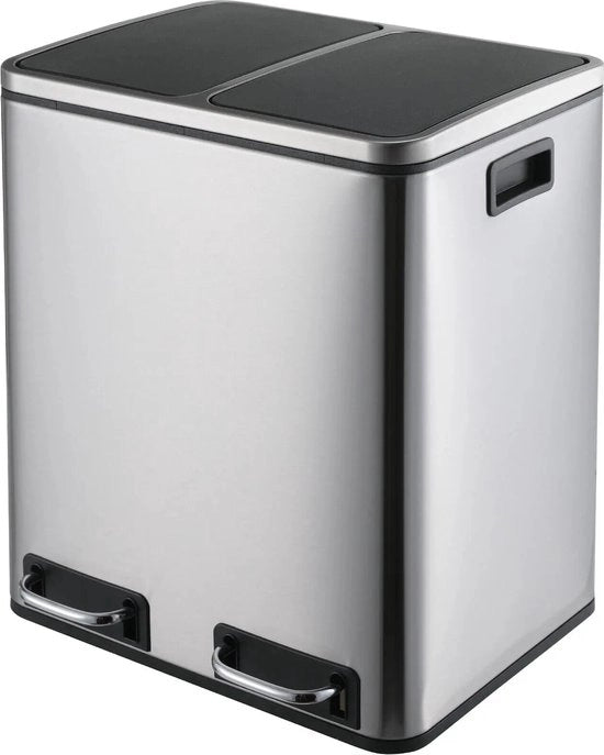 Pulitore della cucina a pedale 30 L (2 x 15) - Separatore dei rifiuti 2-camere - Raccordo in acciaio inossidabile - Chiusura silenziosa - Resistente alle impronte digitali