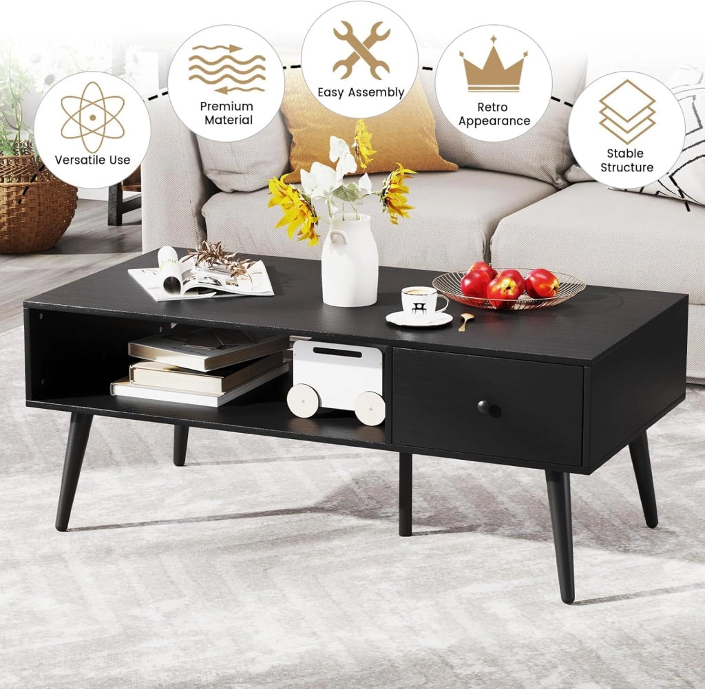 Tavolino da salotto in stile industriale, stile vintage, tavolino da caffè con 1 cassetto e 1 spazio aperto, per TV, con 4 gambe di pino, 109 x 55 x 44,5 cm (antracite)
